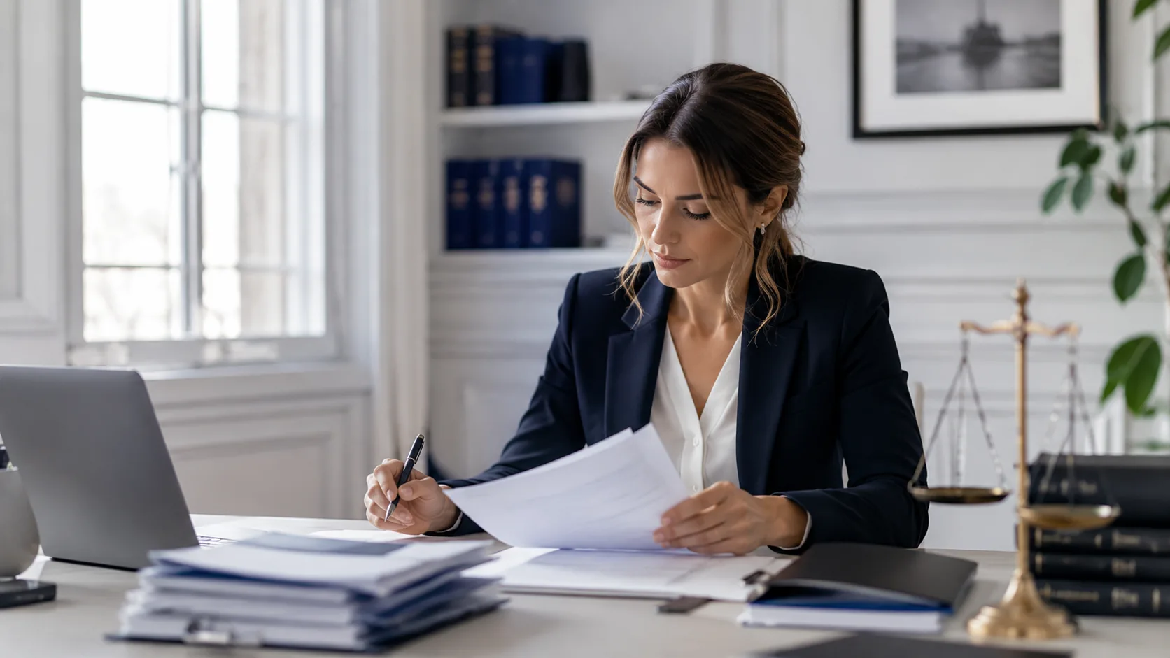 Professionnelle Juridex analysant des documents administratifs