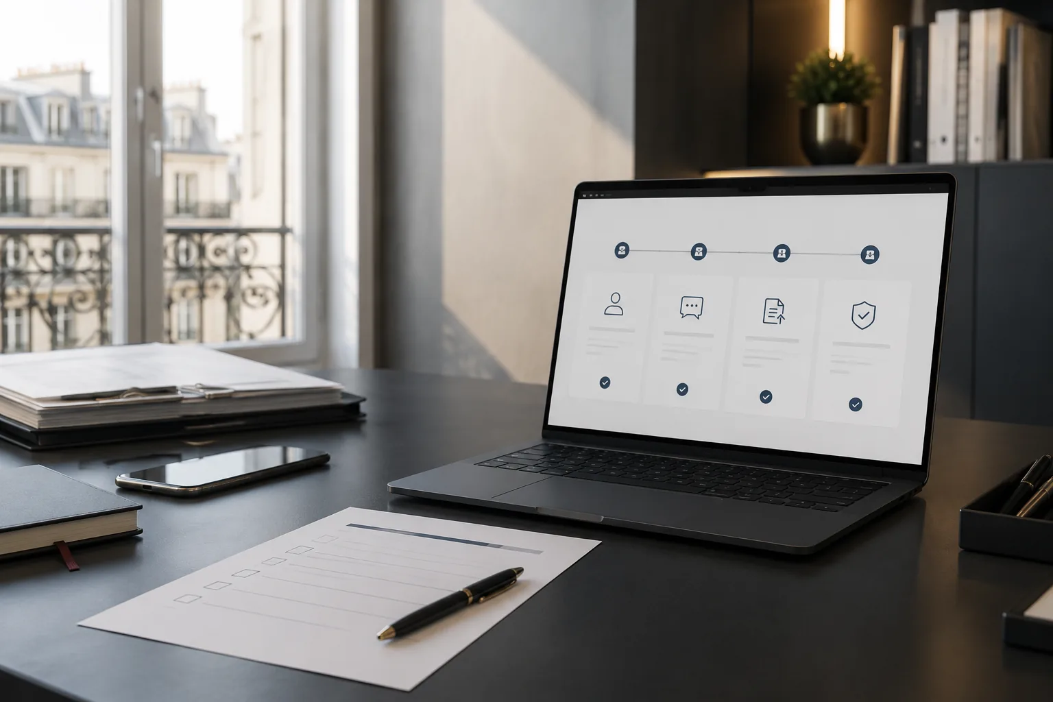 Parcours Juridex avec documents, ordinateur et étapes de suivi